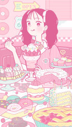  1girl absurdres artist_name banana_split cake candle cupcake doughnut earrings english_text food fruit hair_ribbon heart heart_earrings highres holding holding_spoon indoors jewelry macaron original pie pink_nails pink_shirt pink_theme record ribbon shirt sign solo spoon strawberry strawberry_shortcake striped_clothes striped_shirt twintails upper_body white_ribbon window yoshimon 