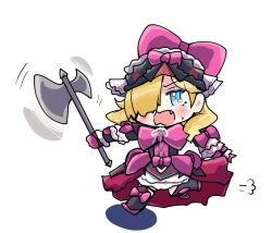  1girl armor axe blonde_hair blue_eyes blush bow chibi chibi_only dress fang fire_emblem fire_emblem_engage gloves hair_over_one_eye headdress holding holding_axe long_hair long_sleeves marni_(fire_emblem) me_no_oeo nintendo open_mouth pink_bow pink_gloves puff_of_air solo white_background 