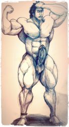  1boy abs bara bodybuilder closed_eyes erection extreme_muscles flexing highres large_penis male_focus muscular muscular_arms muscular_legs muscular_male pectorals penis shaved_body 