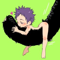  1boy arched_back ass blush cat_tail colorized furry furry_male heart holding hug looking_down looking_forward male_focus mappira monster nude open_mouth original pink_eyes purple_eyes purple_hair red_eyes rubbing rubbing_crotch short_hair shota simple_background size_difference squinting tail 