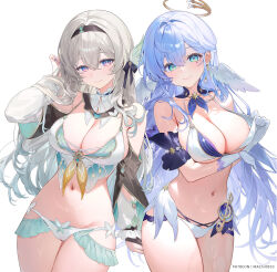  2girls aqua_eyes arm_under_breasts bare_shoulders bikini black_hairband blue_hair blush breasts cameltoe cleavage closed_mouth commentary cowboy_shot earrings elbow_gloves firefly_(honkai:_star_rail) gloves grey_hair hairband halo hand_in_own_hair head_wings highres honkai:_star_rail honkai_(series) jewelry large_breasts long_hair long_sleeves looking_at_viewer machi_(7769) multiple_girls navel off_shoulder purple_eyes robin_(honkai:_star_rail) simple_background smile swimsuit symbol-only_commentary thighs white_background white_gloves wings 
