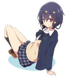  1girl arm_support black_hair black_neckwear black_skirt bow bowtie brown_footwear cardigan commentary_request full_body highres kneehighs legs long_sleeves mel_(melty_pot) mizuno_ai plaid plaid_skirt red_eyes school_uniform shoes short_hair simple_background sitting skirt solo white_background yellow_cardigan zombie_land_saga 