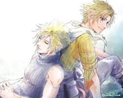  2boys black_overalls blonde_hair blue_eyes closed_eyes cloud_strife dissidia_final_fantasy earrings eyelashes final_fantasy final_fantasy_vii final_fantasy_x highres jewelry male_focus multiple_boys on_grass outdoors overalls own_hands_together shirt short_hair single_earring sitting sleeping sleeveless sleeveless_turtleneck smile spiked_hair tidus turtleneck twitter_username warori_anne 