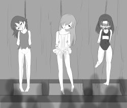  3girls arms_behind_back asphyxiation audience ball_gag barefoot blindfold bottomless bow camisole death dying empty_eyes execution feet female_focus full_body gag gagged guro hair_over_one_eye hanged highres humiliation loli long_hair looking_at_viewer monochrome multiple_girls noose original peeing peeing_self peril public_indecency pussy saliva school_swimsuit strangling struggling swimsuit torn_clothes  rating:Explicit score:75 user:Cruisinginthe1980s
