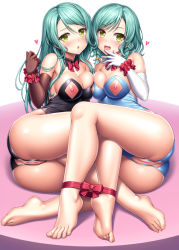 2girls :d aqua_hair ass asymmetrical_docking bang_dream! bare_shoulders barefoot black_leotard blue_leotard blush bow bowtie braid breast_press breasts brown_gloves cleavage cleft_of_venus commentary crotchless crotchless_leotard detached_collar elbow_gloves feet gloves green_eyes hand_to_own_mouth heart hikawa_hina hikawa_sayo lambda_(kusowarota) leotard long_hair looking_at_viewer medium_breasts multiple_girls nipple_cutout nipples open_mouth pussy red_bow red_neckwear red_ribbon ribbon siblings sisters skindentation smile take_your_pick toes uncensored white_gloves wrist_cuffs rating:Explicit score:117 user:danbooru