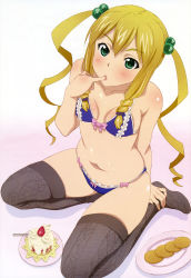 1girl absurdres black_thighhighs blonde_hair blush bra breasts cake cleavage cookie finger_in_own_mouth flat_chest food green_eyes hands_on_feet highres himegami_kodama legs long_hair maken-ki! no_shoes non-web_source nyantype official_art panties scan sitting solo takami_akio thighhighs twintails underwear underwear_only very_long_hair yokozuwari rating:Questionable score:122 user:danbooru