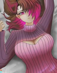  bete_noire betty_noire breasts brown_hair glitchtale pink_eyes pink_hair wearing_others_clothes 