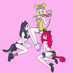  3girls :d anal_tail animal_ears bell black_bra black_collar black_footwear black_hair black_panties blonde_hair bra breasts butt_plug cat_day cat_ears cat_tail cat_teaser collar commentary_request crown fake_tail fishnet_socks fishnet_thighhighs fishnets full_body green_eyes hair_ribbon heart heart_tail high_heels highres holding invisible_chair jingle_bell long_hair looking_at_viewer mouse_ears mouse_tail multiple_girls neck_bell nyaasechan open_mouth panties pink_background pretty_rhythm pretty_rhythm_rainbow_live pretty_series profile purple_eyes purple_footwear purple_hair purple_ribbon red_hair renjouji_beru ribbon shoes sitting small_breasts smile sneakers socks suzuno_ito tail takanashi_otoha thighhighs tongue tongue_out underwear underwear_only white_thighhighs 