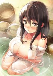 1girl arm_at_side bare_shoulders bath_yukata blush breast_hold breasts brown_eyes brown_hair bucket chestnut_mouth cleavage collarbone covered_erect_nipples dengeki_moeou eyebrows fingernails hair_between_eyes highres japanese_clothes kekemotsu kimono large_breasts long_hair looking_at_viewer matching_hair/eyes nipples nose_blush off_shoulder onsen open_clothes open_kimono open_mouth original partially_submerged puffy_nipples ripples see-through seiza sidelocks sitting solo water wet wet_clothes wet_hair wooden_bucket yukata rating:Questionable score:69 user:danbooru