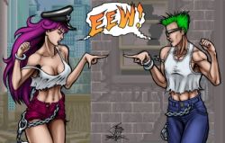  billy capcom final_fight green_hair long_hair lowres metro_city midriff poison_(final_fight) purple_hair short_hair  rating:Questionable score:11 user:spiderzombie