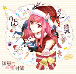  1girl :3 bell black_gloves bow braid candy candy_cane character_doll closed_mouth commentary_request deer food fur-trimmed_headwear fur_trim gift gingerbread_man gloves hair_ornament hairclip hat lanmei_jiang long_hair looking_at_viewer medium_bangs merry_christmas ming_wei_aiqing_de_chibang pink_eyes pink_hair pom_pom_(clothes) red_bow red_hat red_shirt santa_hat shirt side_braid sidelocks single_braid smile snowflakes snowman solo striped_background swept_bangs undersized_animal upper_body variant_set wolf wreath yellow_background 