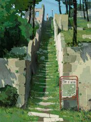  1boy alariko day highres lamppost map_board original outdoors overgrown power_lines rural scenery solo stairs tree 