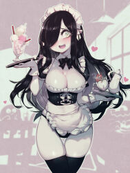 1girl :&gt; :d apron aria_wintermint black_bow black_hair black_pantyhose black_thighhighs blush bow bowtie breasts ceiling_light cleavage cleavage_cutout clothing_cutout commentary cowboy_shot cup detached_collar drinking_straw english_commentary food frilled_apron frilled_hairband frills gloves green_eyes hair_ornament hair_over_one_eye hairband heart highres holding ice_cream ice_cream_float large_breasts long_hair looking_at_viewer maid maid_apron maid_headdress no_pants one-eyed open_mouth pantyhose parororo short_sleeves smile solo swept_bangs teacup thigh_gap thighhighs white_apron white_gloves window  rating:Sensitive score:13 user:danbooru