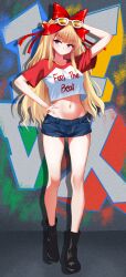  1girl absurdres arm_up beatmania beatmania_iidx bemani black_footwear blonde_hair blue_eyes blue_shorts blush boots bow breasts cleavage clothes_writing collarbone commentary_request copyright_name cropped_shirt denim denim_shorts eyewear_on_head full_body graffiti groin hair_bow hand_on_own_hip highres himmel_(beatmania_iidx) long_hair looking_at_viewer medium_breasts midriff navel parted_lips raimu_(clanberry000) red_bow red_shirt shirt short_shorts short_sleeves shorts solo standing stomach tinted_eyewear white-framed_eyewear white_shirt yellow-tinted_eyewear 