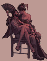  1boy 1girl beard chair chocobo_sam cowboy_hat facial_hair final_fantasy final_fantasy_vii final_fantasy_vii_remake hair_ornament hairpin hand_fan hat highres japanese_clothes kimono looking_at_another madam_m monochrome nijuuni off_shoulder sandals sarashi sitting sitting_on_lap sitting_on_person square_enix vest wall_market  rating:Sensitive score:40 user:danbooru
