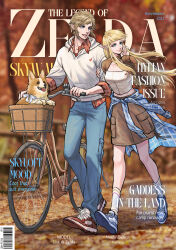  1boy 1girl absurdres autumn basket bicycle blonde_hair blue_eyes blue_footwear blue_pants blunt_bangs breasts brown_footwear brown_jacket brown_skirt closed_mouth clothes_around_waist cover denim dog earrings flannel full_body green_eyes hand_in_own_hair highres holding_another&#039;s_arm hood hoodie jacket jeans jewelry kurokawa_karasu link long_hair magazine_cover medium_breasts neck_ribbon nintendo open_mouth outdoors pants pointy_ears princess_zelda ribbon shirt shirt_around_waist shoes short_hair sidelocks skirt sleeves_rolled_up smile sneakers socks the_legend_of_zelda the_legend_of_zelda:_skyward_sword welsh_corgi white_hoodie white_shirt white_socks 