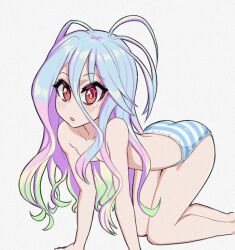  1girl all_fours blue_hair blue_panties blush collarbone convenient_censoring eyebrows eyelashes feet_out_of_frame female_focus flat_chest gradient_hair green_hair hair_between_eyes loli long_hair looking_at_viewer multicolored_hair no_game_no_life open_mouth panties pink_hair red_eyes shiro_(no_game_no_life) simple_background solo striped_clothes striped_panties surprised topless two-tone_hair two-tone_panties underwear white_background white_panties young_savage 