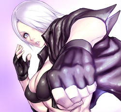  1girl angel_(kof) breasts cleavage fingerless_gloves gloves hair_over_one_eye large_breasts lips punching purple_eyes sawao snk solo the_king_of_fighters white_hair  rating:Questionable score:32 user:jojosstand