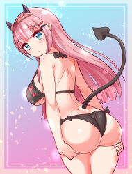  1girl ass ass_support back bikini black_bikini blue_eyes blunt_bangs blunt_ends breasts brown_hairband closed_mouth commentary commission cougar_(cougar1404) demon_girl demon_horns demon_tail dutch_angle hair_ornament hairband hairclip halterneck heart heart_print horns light_frown medium_breasts original pink_hair pointy_ears print_bikini solo straight_hair swimsuit tail 