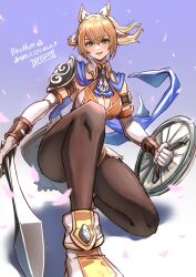  1girl absurdres ap_cammy blonde_hair blue_scarf breasts brown_pantyhose cassandra_alexandra cleavage convenient_leg elbow_gloves gloves green_eyes hair_ribbon highres kneeling pantyhose ponytail ribbon scarf shield shoes short_sword shoulder_pads solo soul_calibur soulcalibur soulcalibur_vi sword weapon white_gloves wristband 
