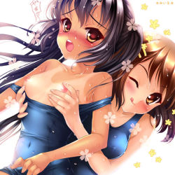 2girls :q bad_id bad_pixiv_id black_hair grabbing_another&#039;s_breast breasts brown_eyes brown_hair flower grabbing hirasawa_yui k-on! miiru multiple_girls nakano_azusa navel nipples one-piece_swimsuit one-piece_tan one_eye_closed school_swimsuit small_breasts sweat swimsuit tan tanline tongue tongue_out wink yuri rating:Questionable score:20 user:danbooru