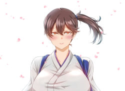  1girl blush breasts brown_eyes brown_hair cherry_blossoms closed_mouth commentary_request falling_petals hair_between_eyes hair_tie japanese_clothes kaga_(kancolle) kantai_collection kashiru large_breasts looking_at_viewer petals short_sidetail side_ponytail smile standing tasuki 