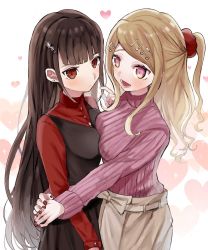  2girls :d akamatsu_kaede alternate_hairstyle black_dress blonde_hair blush breasts brown_hair brown_skirt collared_shirt danganronpa_(series) danganronpa_v3:_killing_harmony dress dress_shirt earrings fortissimo gorila_chan hair_ornament hair_scrunchie harukawa_maki heart hug jewelry large_breasts long_hair looking_at_another lower_teeth_only multiple_girls musical_note musical_note_hair_ornament nail_polish nalica_(animeflux) open_mouth pink_eyes pink_sweater red_eyes red_nails red_scrunchie red_shirt scrunchie shirt skirt smile sweater teeth 