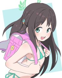  1girl :d airi_(blue_archive) aqua_background backpack bag bikini blue_archive brown_hair bubukka crime_prevention_buzzer flat_chest food-themed_hair_ornament from_side green_bikini green_eyes green_halo hair_ornament halo ice_cream_hair_ornament loli long_hair looking_at_viewer md5_mismatch micro_bikini open_mouth pink_bag randoseru side-tie_bikini_bottom smile solo swimsuit teeth two-tone_background upper_body upper_teeth_only webp-to-png_conversion white_background 