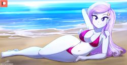  1girl absurdres arm_behind_head barefoot beach bikini breasts cleavage fleur_dis_lee hasbro highres looking_at_viewer lying my_little_pony my_little_pony:_equestria_girls my_little_pony:_friendship_is_magic navel patreon_logo pink_eyes pink_hair pinup_(style) signature smile solo swimsuit the-butch-x water  rating:Sensitive score:22 user:wicket505