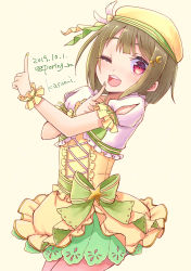 1girl artist_name artist_request blush bow breasts brown_hair collarbone crescent crescent_hair_ornament cross-laced_clothes cross-laced_dress crossed_arms diamond_(love_live!) dress feathers female_focus frilled_dress frills green_bow green_nails green_ribbon grey_hair hair_ornament hat hat_feather highres light_brown_hair looking_at_viewer love_live! love_live!_nijigasaki_high_school_idol_club love_live!_school_idol_festival miyamae_porin nail nail_polish nakasu_kasumi one_eye_closed parted_lips poring_m purple_eyes red_eyes ribbon short_hair skirt smile solo star_(symbol) star_hair_ornament white_background white_feathers wrist_cuffs yellow_bow yellow_dress yellow_hat yellow_nails yellow_ribbon yellow_skirt yellow_wrist_cuffs