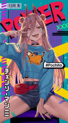  1girl absurdres arm_support bandaid bandaid_on_leg blue_sweater chainsaw_man character_name character_print choker cross-shaped_pupils hair_between_eyes highres horns jewelry long_hair looking_at_viewer m2_(guvn5745) open_mouth orange_eyes pochita_(chainsaw_man) power_(chainsaw_man) red_horns ring sharp_teeth short_shorts shorts sitting smile solo sweater symbol-shaped_pupils teeth tongue tongue_out  rating:Sensitive score:14 user:danbooru