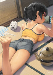  1girl ass barefoot black_hair breasts camisole commentary_request foot_out_of_frame foot_up from_behind gaki_kyonyuu grey_shorts handheld_game_console highres holding holding_handheld_game_console kaedeko_(kaedelic) large_breasts looking_at_viewer looking_back lying nintendo_switch on_stomach one-piece_tan oppai_loli pantylines red_eyes sasaki_kanna_(kaedeko) short_hair shorts sliding_doors soles solo tan tanline the_pose toes twintails yellow_camisole  rating:Sensitive score:246 user:danbooru