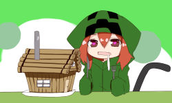  1girl analog_kenshi_(moto) brown_eyes cat_tail creeparka creeper female_focus fork hood hoodie house knife minecraft onakasuita open_mouth personification red_hair saliva short_hair sleeves_past_wrists solo symbol-shaped_pupils tail 