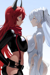  2girls absurdres armpit_cutout belt black_belt black_gloves black_jacket black_pants bodysuit breast_press breasts cinderella_(nikke) cleavage cleavage_cutout clothing_cutout commentary cropped_jacket eye_contact face-to-face fingerless_gloves from_side frown gloves goddess_of_victory:_nikke hair_between_eyes hands_on_own_hips highres horns jacket large_breasts leather leather_jacket leather_pants leg_cutout long_hair long_sleeves looking_at_another mechanical_horns midriff multiple_girls pants red_eyes red_hair red_hood_(nikke) red_scarf revealing_clothes scarf see-through see-through_skirt sidelocks skirt smile standing suspenders symmetrical_docking twintails wge white_bodysuit white_hair yellow_eyes  rating:Sensitive score:8 user:danbooru