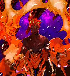  1boy ashwatthama_(fate) bad_id bad_pixiv_id dark-skinned_male dark_skin enilefilnoztlaw fate/grand_order fate_(series) fire hair_slicked_back highres looking_at_viewer male_focus muscular muscular_male red_hair smile solo topless_male yellow_eyes 