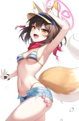  1girl absurdres animal_ear_fluff animal_ears arm_up armpits bikini blue_archive blush breasts brown_hair commentary_request cowboy_shot fang fox_ears fox_girl fox_tail grey_shorts hair_between_eyes hair_ornament halo highres izuna_(blue_archive) izuna_(swimsuit)_(blue_archive) looking_at_viewer medium_breasts navel open_fly open_mouth pink_halo red_scarf rope scarf scrunchie shimenawa short_hair shorts simple_background skin_fang smile solo stomach striped_bikini striped_clothes swimsuit tail thighs v white_background wrist_scrunchie yaho_(a01085748817) 