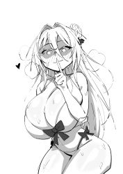 1girl arm_under_breasts arms_up belly bikini blush bound bow breast_press breasts cleavage curvy finger_to_mouth gs16_(chug) hair_between_eyes hair_ornament heart heart-shaped_pupils heavy_breathing highres huge_breasts jourjii long_hair looking_at_viewer looking_down monochrome original ribbon shushing smile solo strap sweat swimsuit symbol-shaped_pupils thick_thighs thighs tied_up white_background  rating:Sensitive score:15 user:NickelUnknown