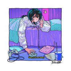  1990s_(style) 1girl ashtray bag_of_chips black_eyes black_hair blanket bright_pupils chips_(food) cigarette corded_phone crescent_moon cup curtains disposable_cup drinking_straw food highres holding holding_cigarette holding_phone hood hood_down hoodie long_hair long_sleeves moon on_bed original phone pillow playstation_controller retro_artstyle solo subtitled under_covers white_hoodie white_pupils yosh1to 
