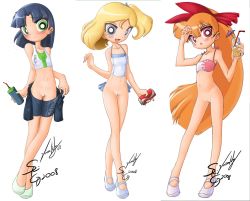 3girls bleedman blonde_hair blossom_(ppg) blue_eyes blue_hair blush bubbles_(ppg) buttercup_(ppg) flat_chest green_eyes multiple_girls no_panties powerpuff_girls pussy red_eyes red_hair seiryuga smile swimsuit rating:Questionable score:13 user:creamlapine