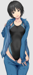 1girl :d adjusting_clothes amagami arms_behind_back black_hair black_one-piece_swimsuit blue_jacket bob_cut breasts brown_eyes clothes_pull collarbone competition_swimsuit cowboy_shot gluteal_fold grey_background groin head_tilt highres jacket looking_at_viewer medium_breasts nanasaki_ai one-piece_swimsuit open_clothes open_jacket open_mouth pants pants_pull pulling_own_clothes raglan_sleeves serizawa_(serizawaroom) short_hair simple_background smile solo standing swimsuit swimsuit_under_clothes thigh_gap track_jacket track_pants track_suit turtleneck undressing zipper  rating:Sensitive score:78 user:danbooru