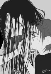  2girls absurdres close-up crying crying_with_eyes_open enoki_oishiine eye_contact greyscale hand_on_another&#039;s_cheek hand_on_another&#039;s_face highres kamisaki_hikaru long_hair looking_at_another medalist_(manga) monochrome multiple_girls short_hair simple_background sketch tears yuitsuka_inori 