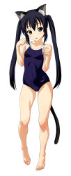  1girl animal_ear_fluff animal_ears barefoot black_hair blue_one-piece_swimsuit breasts brown_eyes cat_ears cat_girl cat_tail collarbone feet female_focus full_body hair_between_eyes highres k-on! long_hair looking_at_viewer nakano_azusa norizou norizou_type-r one-piece_swimsuit open_mouth paw_pose shadow simple_background small_breasts smile solo standing swimsuit tail thighs toes twintails white_background 