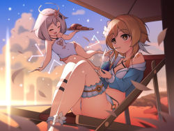  2girls absurdres bikini blonde_hair blush breasts chair cleavage closed_eyes cup drink drinking_glass drinking_straw fairy flower food genshin_impact hair_flower hair_ornament happy highres jk-ff lumine_(genshin_impact) multiple_girls one-piece_swimsuit open_mouth paimon_(genshin_impact) plate sitting sky smile sunset swimsuit thighs white_bikini white_hair white_one-piece_swimsuit yellow_eyes 