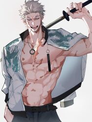  1boy abs absurdres blue_eyes chain_necklace clothes_over_shoulder dragon_print facial_scar fate/grand_order fate_(series) grey_hair hair_slicked_back haruakira highres holding holding_sword holding_weapon jacket jewelry katana male_focus mouth_hold nagakura_shinpachi_(fate) necklace o-ring pectorals scar scar_on_cheek scar_on_face short_hair smile stalk_in_mouth sword toned toned_male topless_male unworn_jacket weapon 