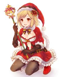  1girl :d bell belt belt_buckle black_gloves black_thighhighs blonde_hair bow breasts brown_eyes buckle christmas cleavage cleavage_cutout clothing_cutout djeeta_(granblue_fantasy) dress elbow_gloves flower frilled_dress frills full_body fur_trim gloves granblue_fantasy hair_flower hair_ornament hat holding holding_wand kneeling looking_at_viewer medium_breasts open_mouth poinsettia pom_pom_(clothes) ririnya00 round_teeth santa_costume santa_hat shoes short_hair short_sleeves smile solo star_(symbol) teeth thighhighs wand white_background 