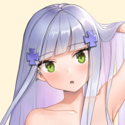  1girl 33zuku assault_rifle bad_id bad_twitter_id bare_shoulders blush close-up commentary_request girls&#039;_frontline green_eyes gun h&amp;k_hk416 hair_ornament hand_on_own_head head_tilt hk416_(girls&#039;_frontline) long_hair looking_at_viewer portrait rifle silver_hair simple_background upper_body weapon yellow_background 
