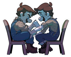  2boys bandaged_arm bandages blue_eyes blue_overalls brothers brown_hair chair concentrating facial_hair hand_grab healing highres injury korean_commentary luigi mario mario_(series) multiple_boys mustache nintendo on_chair overalls redlhzz serious shirt short_hair siblings sleeve_rolled_up sweatdrop wooden_chair worried 