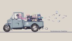  5girls :d animal_ear_fluff animal_ears ayane_(blue_archive) bag balaclava black_hair black_jacket blazer blue_archive blue_eyes blue_necktie blue_scarf brown_hair car cardigan cat_ears cat_girl collared_shirt commentary_request driving english_text foreclosure_task_force_(blue_archive) gatling_gun glasses grey_hair gun hair_between_eyes hair_bun hair_ornament hairclip halo heterochromia highres holding holding_bag hoshino_(blue_archive) jacket long_hair long_sleeves looking_at_another m134_minigun mask mask_on_head medium_hair mismatched_pupils money motor_vehicle multiple_girls necktie nonomi_(blue_archive) open_cardigan open_clothes open_mouth pink_hair pointy_ears red_eyes scarf school_uniform serika_(blue_archive) shiroko_(blue_archive) shirt short_hair shoulder_strap sidelocks simple_background single_side_bun smile twintails weapon white_shirt wind wolf_ears wolf_girl yellow_cardigan yellow_eyes yukimi_unagi 