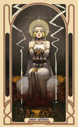  1girl art_nouveau blonde_hair blood blood_on_clothes blood_on_hands blue_eyes card_(medium) character_name cupping_hands demon&#039;s_souls dress female_focus flower from_software grey_background maiden_astraea mole mole_under_eye nekkeau own_hands_together plant short_hair simple_background solo watermark web_address wetland 