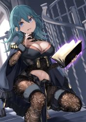  1girl alternate_costume black_cape black_nightgown blue_eyes blue_hair book breasts bridal_gauntlets brown_pantyhose byleth_(female)_(fire_emblem) byleth_(fire_emblem) cape cleavage cleavage_cutout clothing_cutout commentary commission fire_emblem fire_emblem:_three_houses hair_between_eyes highres holding holding_book indoors jewelry lace lace-trimmed_legwear lace_trim large_breasts long_hair looking_at_viewer nail_polish navel navel_cutout necklace nightgown nintendo open_book pantyhose parted_lips print_pantyhose shadow sidelocks skeb_commission solo squatting stairs thigh_strap wrist_straps yappen  rating:Sensitive score:33 user:danbooru